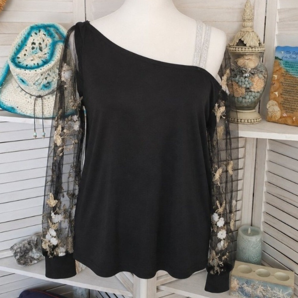 Black Asymmetrical Sparkly Strap Top Sheer‎ Embroidered Floral Sleeves M